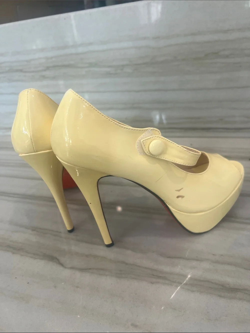 Yellow Patent Mary Jane Peep-Toe Platform Heels